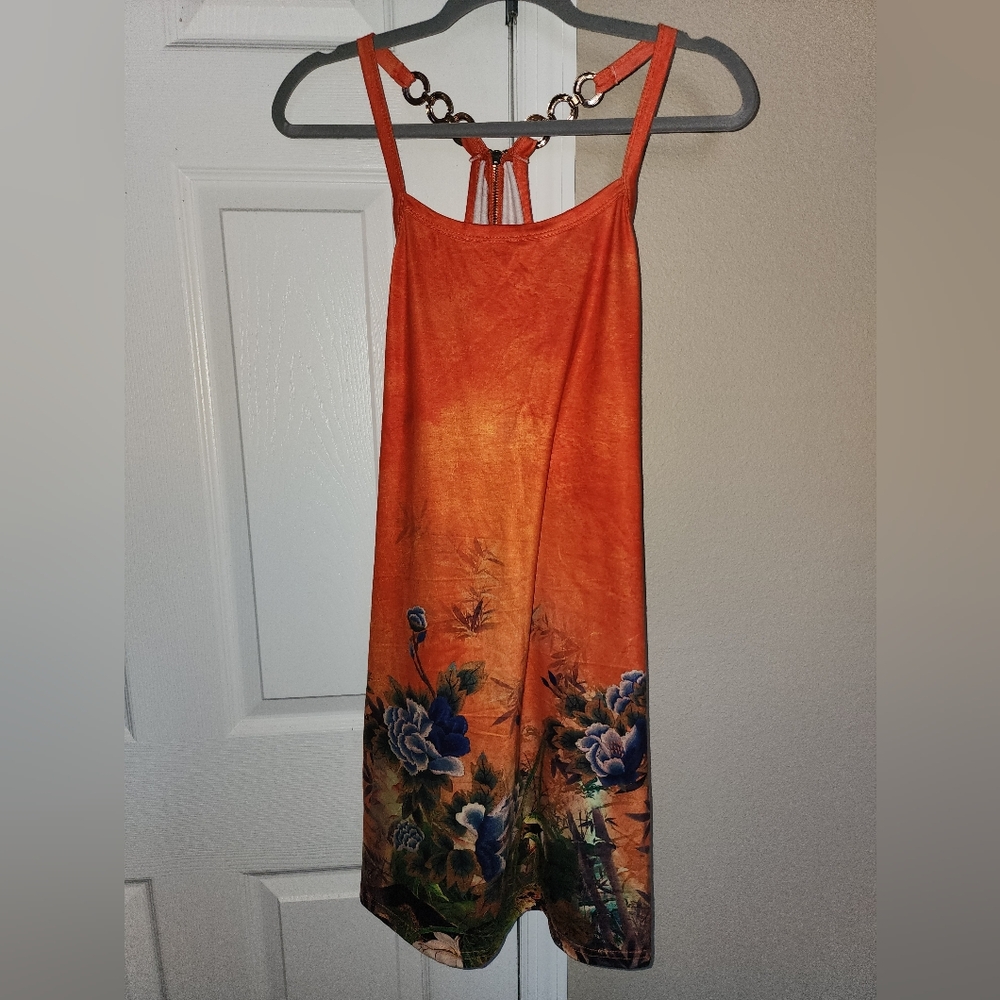 Orange Floral Dress with Blue Accents